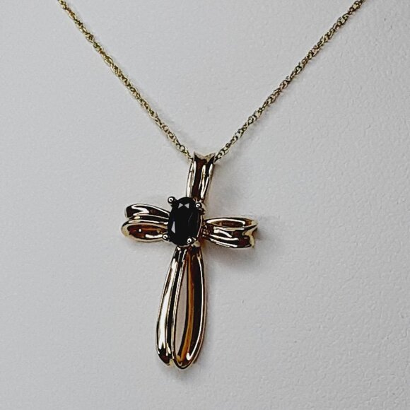 NEW 10kt yellow gold sapphire cross pendant - Picture 2 of 8